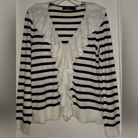 Lauren Ralph Lauren Ivory Polo Black Striped Ruffle Trim Cardigan Size Large - Picture 2 of 16